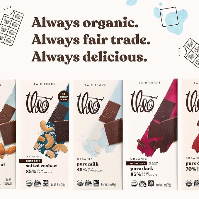 5 Theo Chocolate Pure Organic Milk Chocolate Bar, 45% Cacao, 6 Pack | Fair Trade