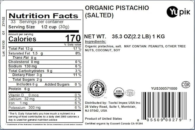 2 Yupik Organic Dry Roasted Salted Pistachios, In Shell, 2.2 lb, Gluten-Free, Kosher, Non-GMO, Vegan, Crunchy Nuts, Lightly Salted, Oil-Free, Source of Fiber, Protein Nuts, Healthy Snacks