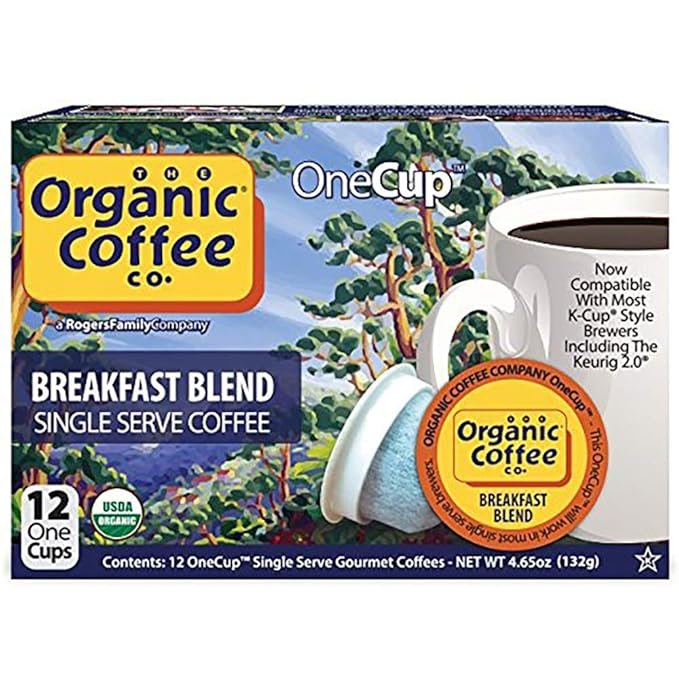 4 The Organic Coffee Co. Compostable Coffee Pods - Breakfast Blend (12 Ct) K Cup Compatible including Keurig 2.0, Medium Roast, USDA Organic