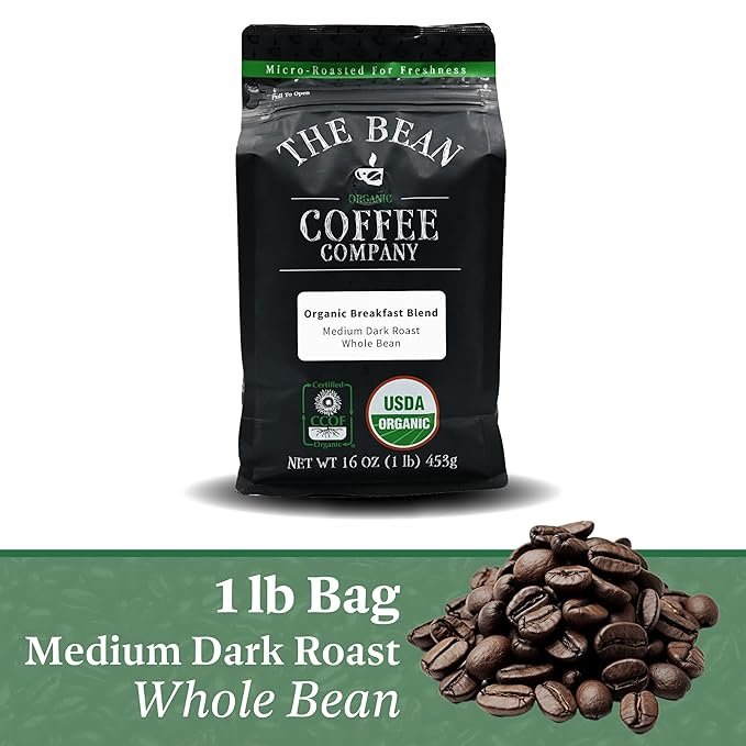 1 The Bean Organic Coffee Company Breakfast Blend, Medium Dark Roast, Whole Bean Coffee, 16-Ounce Bag