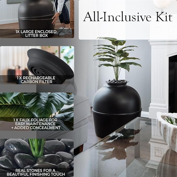 3 Secret Litter Box by Bundle & Bliss - Hidden Litter Box Enclosure with Odor Control Carbon Filter, Faux Plant and Real Stones, Perfect for Large Cats (Matte Black)