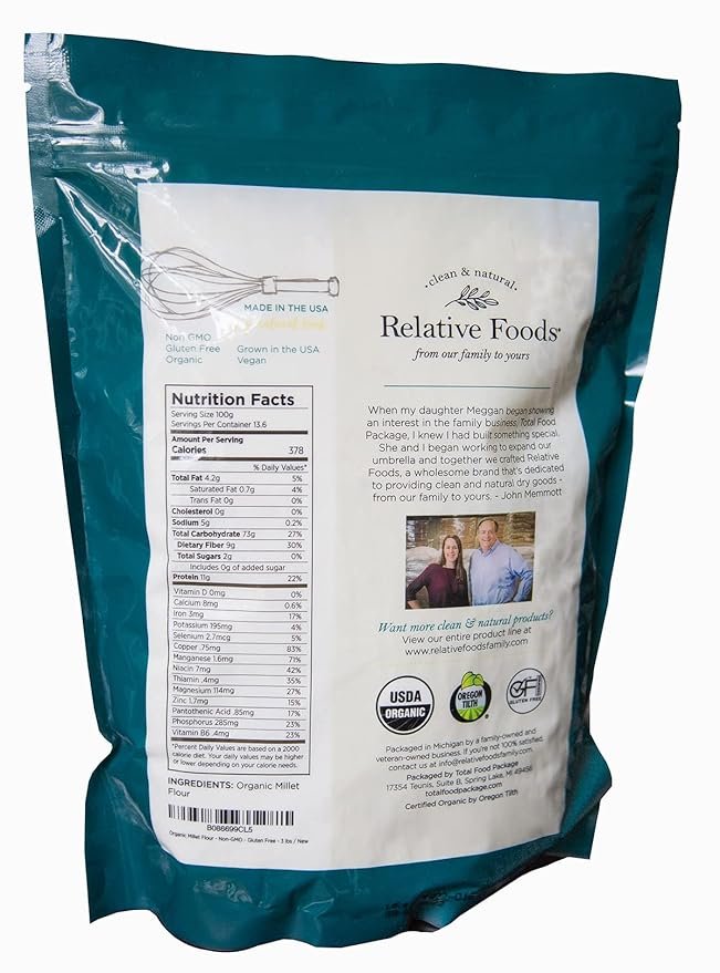 1 Millet Flour 3 pounds USDA Organic, certified gluten free, sourced 100% from the USA dry milled with no additives