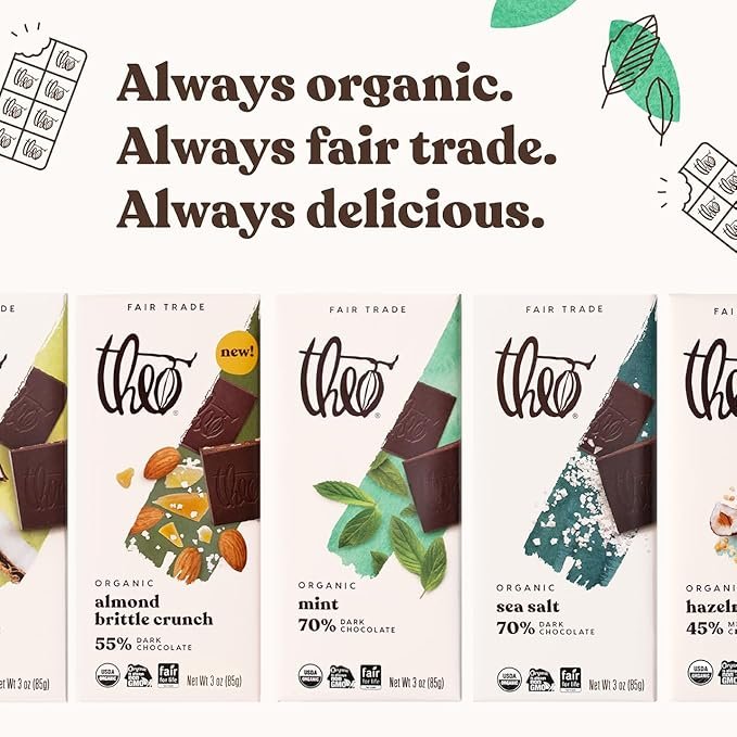5 Theo Chocolate Mint Organic Dark Chocolate Bar, 70% Cacao, 6 Pack | Vegan, Fair Trade