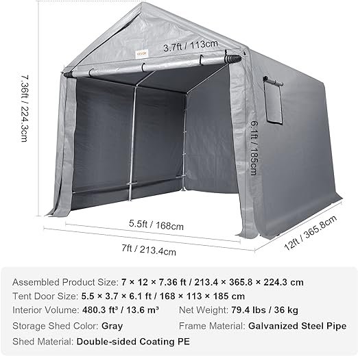 3 VEVOR Outdoor Storage Shelter, 6x8 x7 ft Durable All-Season Waterproof Tent Sheds with Convenient Door and Windows for Motorcycle, Bike, and Garden Tool Storage