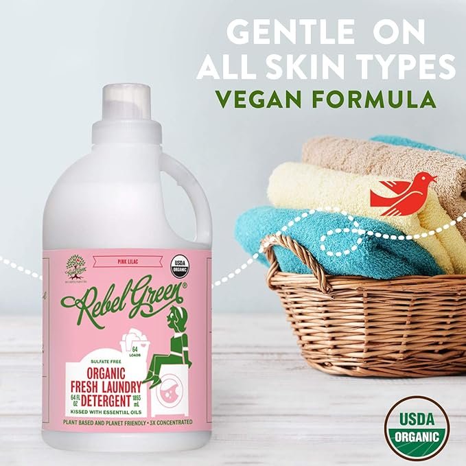 3 Rebel Green Organic Laundry Detergent - Natural Laundry Soap - Liquid Laundry Detergent with Dispenser Cup - Gentle Laundry Detergent - Fresh Pink Lilac - (64 Load Bottles, 2 Pack)
