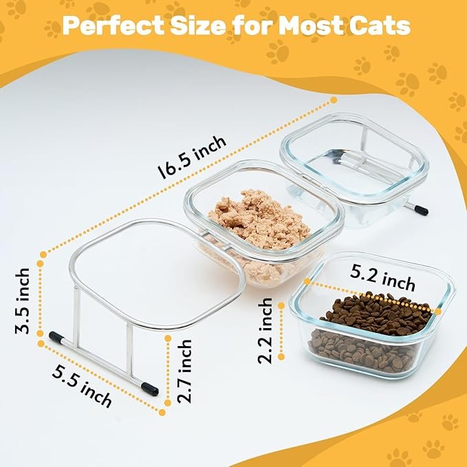 5 Hannadepot Elevated Cat Bowls, 15° Tilted Glass Raised Cat Food Bowl with Stainless Steel Stand, 3 Glass Cat Bowls and 4 Anti Slip Feet, Suitable for Cats and Little Dogs