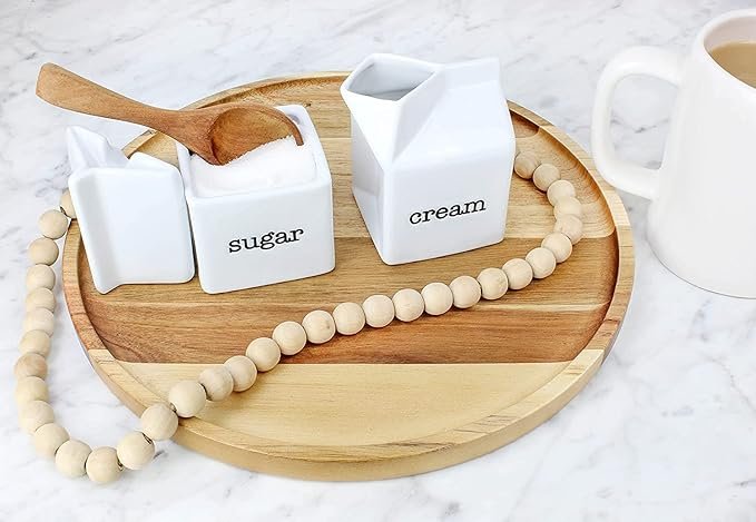 3 Sugar and Cream Set, White Ceramic Creamer and Sugar Container