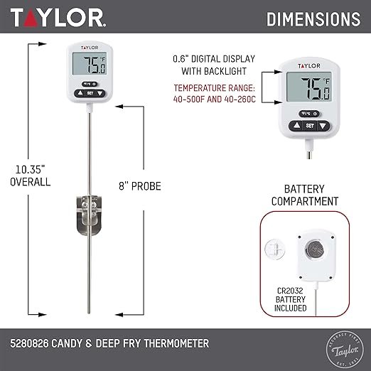 7 Taylor Programmable Digital Candy and Deep Fry Thermometer with Green Light Alert Display and Adjustable Pan Clip
