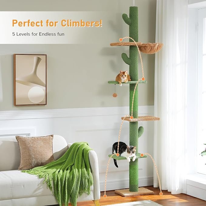 1 PAWZ Road Cat Tree, Cactus Floor to Ceiling Cat Tower with Adjustable Height(95-108 Inches), 5 Level Cat Climbing Tower with Cozy Hammock, Platforms and Dangling Balls for Indoor Cats