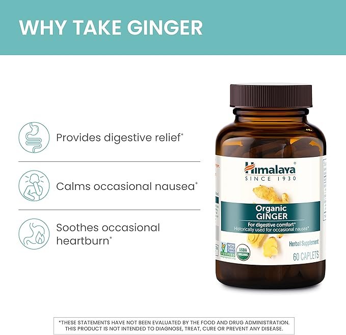 2 Himalaya Organic Ginger Supplement Equivalent to 4,766 mg of Ginger Powder for Nausea, Gas and Occasional Upset Stomach, 2 Month Supply, 60 Caplets