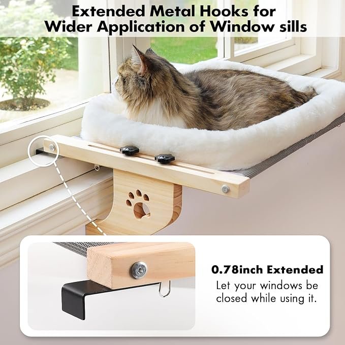1 AMOSIJOY Cat Sill Window Perch Sturdy Cat Hammock Window Seat with Cushion Bed Cover, Wood & Metal Frame for Large Cats, Easy to Adjust Cat Bed for Windowsill, Bedside, Drawer and Cabinet(Cushion Bed)