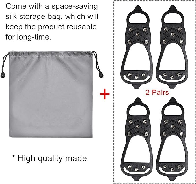 4 LACE INN 2 Pair Universal Non Slip Gripper Spikes for Shoes, Durable Ice Snow Grips Traction Cleats with 8 Steel Studs Crampon for Walking On Snow and Ice
