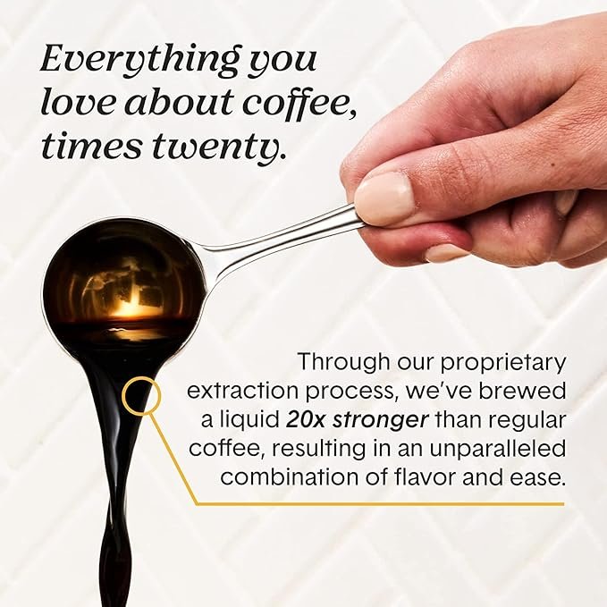 1 Revamp: Introducing Jot Dark - Organic Coffee Extract. 150mg Caffeine. Single Spoonful Transforms Into Delicious Iced or Hot Coffee. 14 Satisfying Portions per Bottle. 20x Concentrated Liquid Brew.