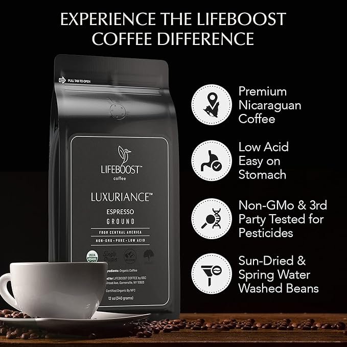5 Lifeboost Coffee Espresso Ground Coffee - Low Acid Single Origin USDA Organic Coffee - Non-GMO Espresso Coffee Third Party Tested For Mycotoxins & Pesticides (Espresso Ground 12oz)