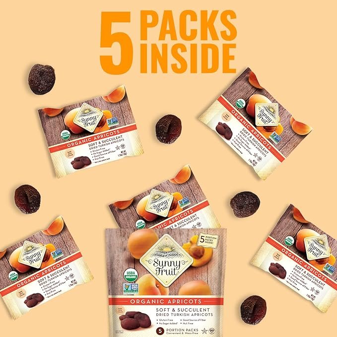 5 Sunny Fruit Soft Organic Turkish Dried Apricots - 1 Bag (5 Individual Portion Packs) | Healthy, Convenient Snack Packs | ORGANIC, NON-GMO, VEGAN, HALAL, KOSHER, NO PRESERVATIVES, NO SUGAR ADDED