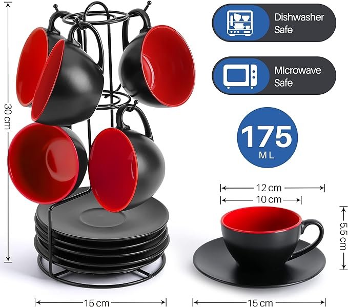 1 Le Butterfly Collection - Black Exterior, Colorful Interior Cappuccino Mug Set (Red)