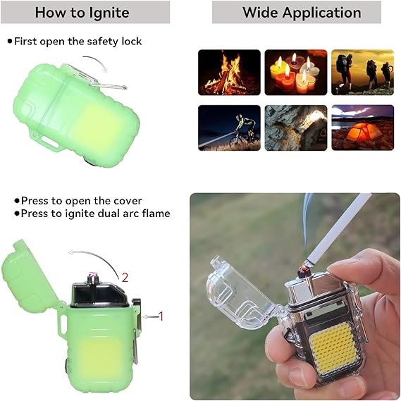 1 Jnfire Waterproof Rechargeable Plasma Lighter with Flashlight, USB C Dual Arc Flame Electric Lighter Windproof Survival for Camping Hiking Adventures, Self Glowing
