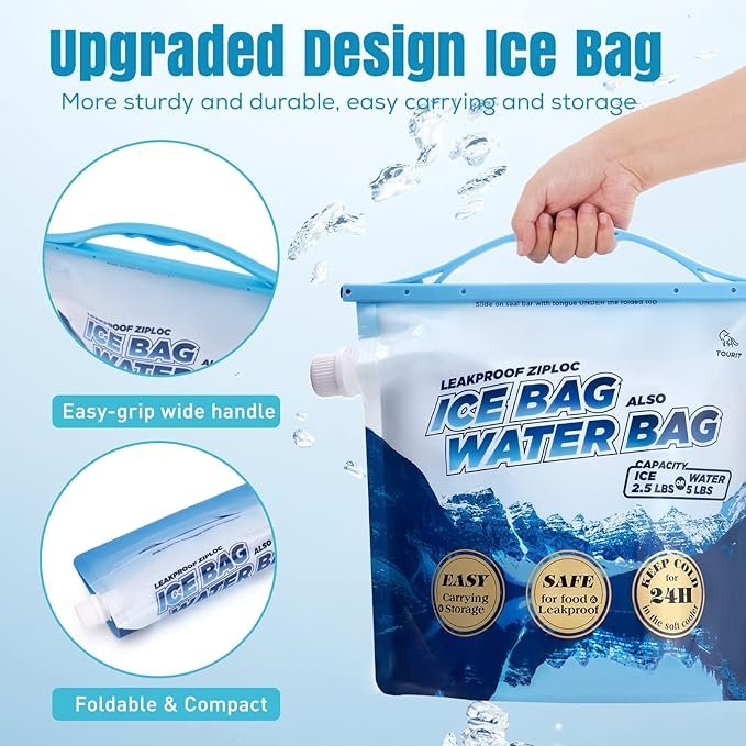 2 TOURIT Ice Bag - 2.5lb Reusable Cooling Pack for Portable Cooler, Collapsible Water Container with Spigot, Ideal for Outdoor Activities and Hydration