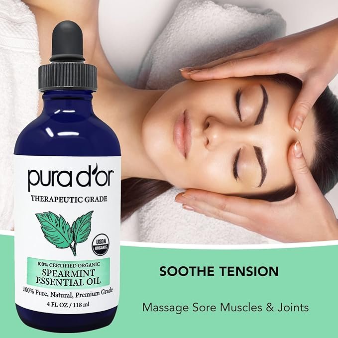 2 PURA D’OR Spearmint Essential Oil (4oz / 118mL) USDA Organic Pure & Natural Therapeutic Grade Diffuser For Aromatherapy, Focus, Concentration, Mood Uplift