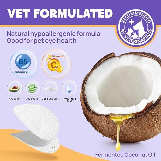 1 Eyes Wipes for Dogs & Cats - Gently Remove Tear Stain, Eye Debris, Discharge, Mucus Secretions - Coconut Oil Pet Cleaning Grooming Deodorizing Wipes for Eyes, Wrinkle, Face - 100pcs