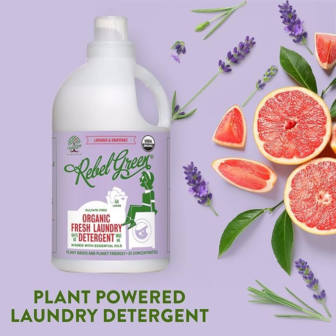 4 Rebel Green Organic Laundry Detergent - Natural Laundry Soap - Liquid Laundry Detergent with Dispenser Cup - Gentle Laundry Detergent - Fresh Lavender & Grapefruit Scent - 64 Load Bottles, 2 Pack