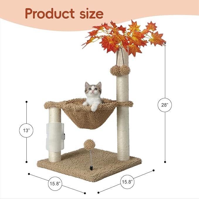 1 Small Cat Tree Tower,Cat Scratching Post with Hammock for Indoor Kittens and Small Cats up to 7lb,Self-Massage Bursh Hanging Ball Toys,Maple,Beige