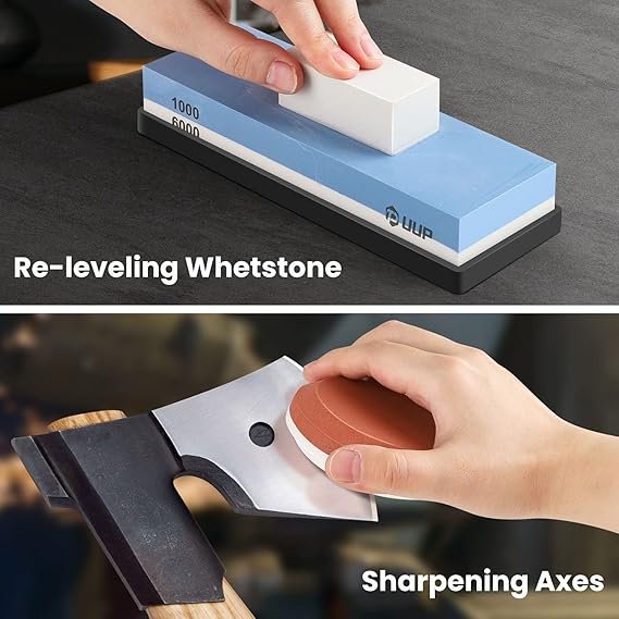 1 UUP Knife Sharpening Stone, Professional Sharpener Kit, Premium Whetstone Kit with 2 Grit Sides 1000/6000, Kitchen Knife Sharpener including Flattening Stone, Axe Wet Stone