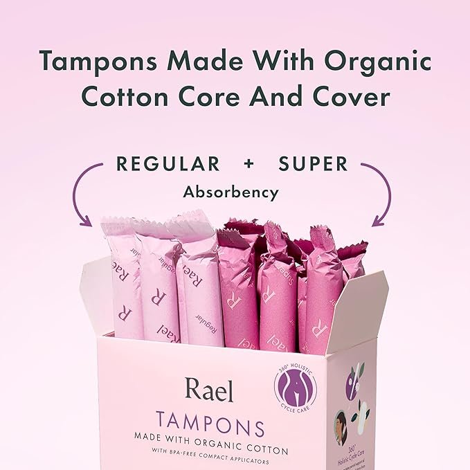 5 Rael Tampons, Compact Applicator Tampon Made with Organic Cotton - Tampons Multipack, Regular and Super Absorbency, BPA-Free, Chlorine Free, Leak Locker Technology (72 Count, Bundle)
