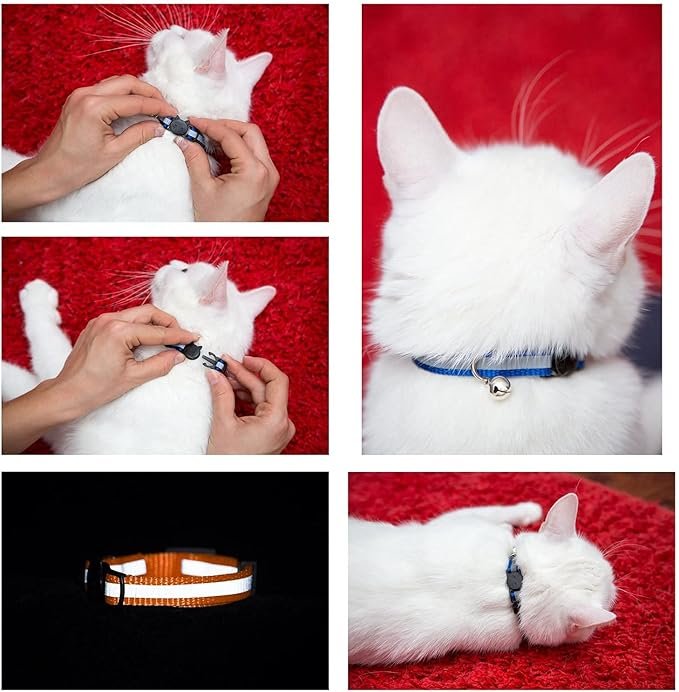 1 Upgraded Version - Reflective Cat Collar with Bell, Set of 6, Solid & Safe Collars for Cats, Nylon, Mixed Colors, Pet Collar, Breakaway Cat Collar Charms, Free Replacement