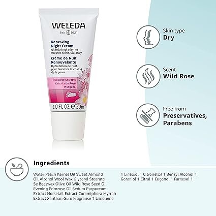 2 Weleda Renewing Night Face Cream, 1 Fluid Ounce, Plant Rich Moisturizer with Wild Rose, Peach Kernel and Sweet Almond Oils