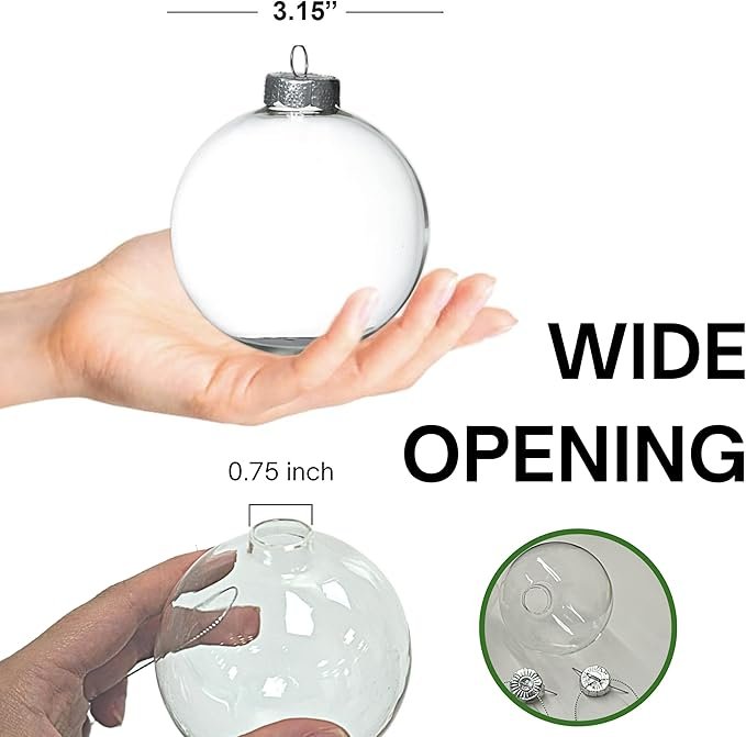 1 4E's Novelty 12 Pack 3.15 Inch Clear Glass Christmas Ornament Balls - Fillable Glass Ornaments for Crafts with Hanging Cord, Large 80mm Clear Ornament Balls for DIY, Glass Ornaments for Xmas Tree