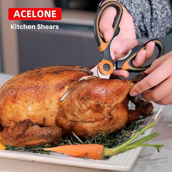4 Acelone Premium Heavy Duty Kitchen Scissors, Ultra Sharp Stainless Steel Multi-function Scissors for Various Food Preparations (Orange black)