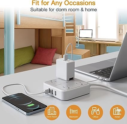4 TESSAN Gray Charging Station: Mountable Flat Plug Extension with Wide-Spaced Outlets & USB