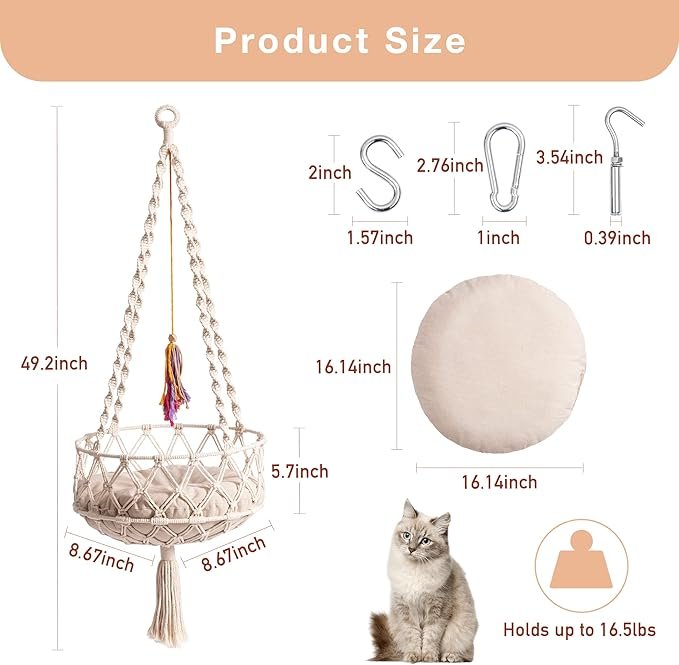 4 MEWOOFUN Hanging Macrame Cat Hammock Bed, Cat Swing Bed Space Saving Window Perch with Washed Cotton Mat & Funny Cat Toy for Indoor Cats