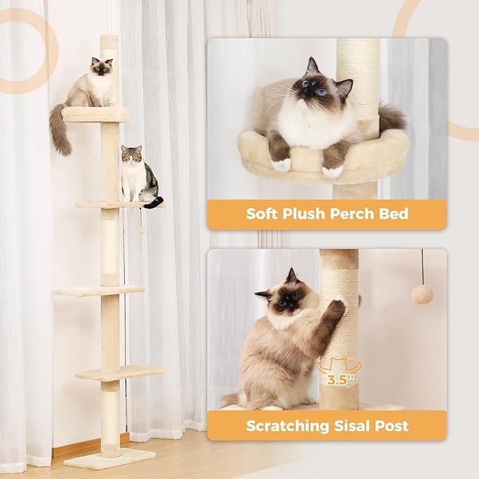 2 PETEPELA Cat Tower 5-Tier Floor to Ceiling Cat Tree Height(95-107 Inches) Adjustable, Tall, Climbing Tree Featuring with Scratching Post, Cozy Bed,Interactive Ball Toy for Indoor Cats/Kitten Beige