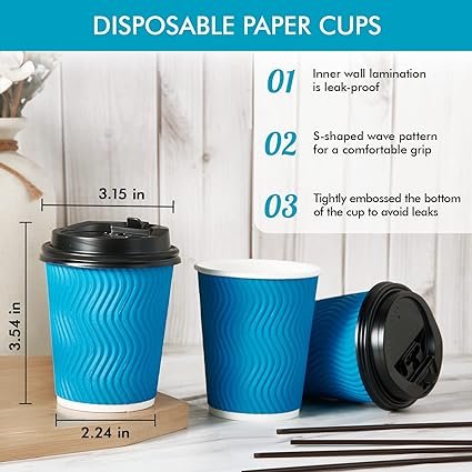 1 DAILYPACK 8 OZ Coffee Cups with Lids and Straws, 100 Count Insulated Ripple Wall Paper Hot Coffee Cups, To Go cups with Lids and Straws for Hot/Cold Drink