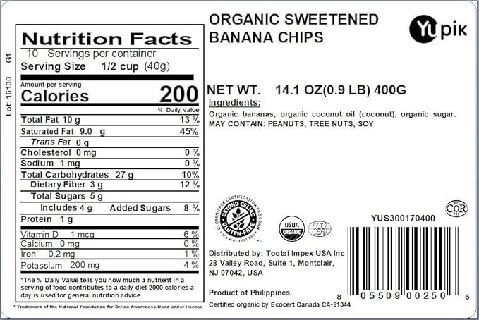 1 Yupik Organic Sweetened Dried Banana Chips, 14.1 Oz, Gluten-Free, Kosher, Non-GMO, Vegan, Sliced Dried Fruits, Lightly Sweetened, Crunchy Snacks, Ideal for Baking & Topping