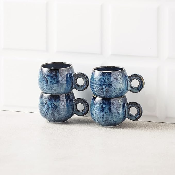 4 Fambe Reactive Glaze Royal Blue Ceramic Espresso Cups Set, Set of 4, 3 Ounces