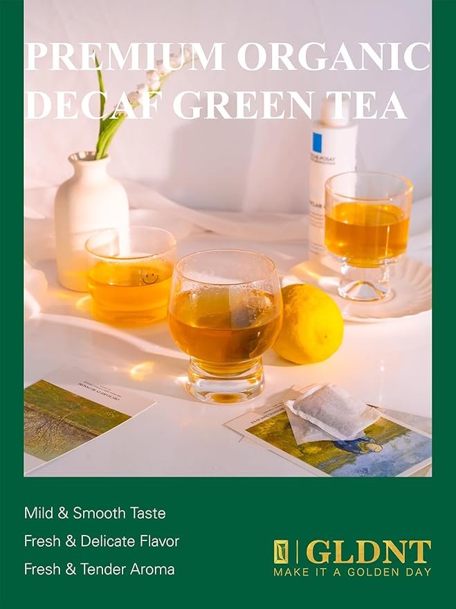 2 GLDNT Organic Decaf Green Tea Bags, Organic Green Tea Decaffeinated, Smooth Flavor, Super Antioxidant, Iced & Hot Tea, 100 Count