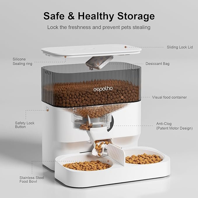 4 Espelho Automatic Cat Feeder - 5L Timed Cat Food Dispenser 2 Cats with 2 Way Splitter, 10s Meal Call Programmable Portion Control Pet Feeder with Desiccant Bag for Cats & Dogs