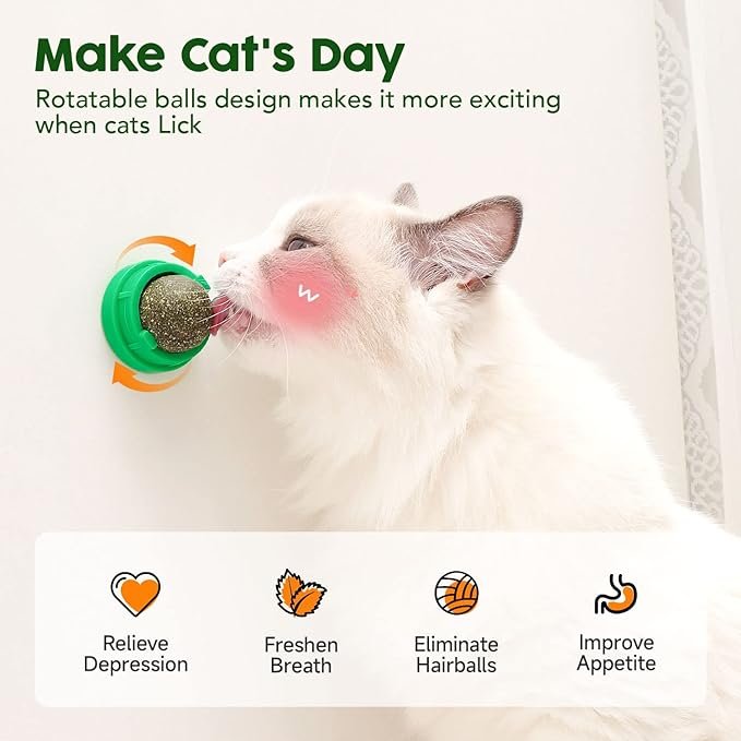1 Potaroma Catnip Toys Balls 4 Pcs, Extra Cat Energy Ball, Edible Kitten Silvervine Toys for Cats Lick, Healthy Kitty Teeth Cleaning Dental Chew Toys, Cat Wall Treats (Green)