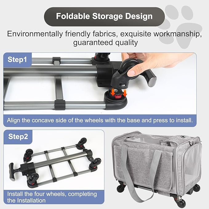 1 Cat Carrier with Wheels Airline Approved, Designed for Dogs & Cats with Wheels for Up to 25 LBS(Upgrade Material-Sponge Filling) with Telescoping Handle for Walking Travel Vet Visits (Grey)