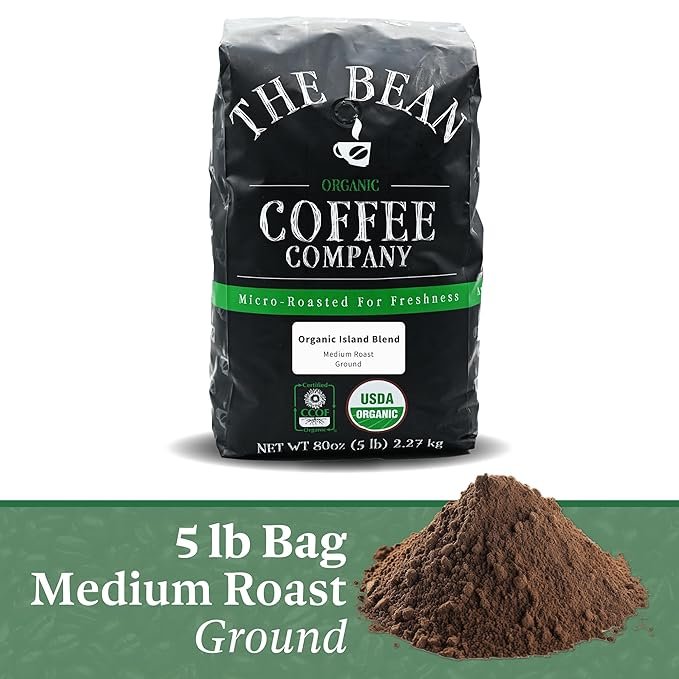 1 The Bean Organic Coffee Company Island Blend, Medium Roast, Ground Coffee, 5-Pound Bag, Café molido tostado orgánico