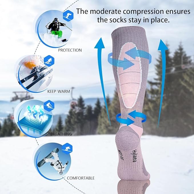 2 Hylaea Merino Wool Ski Socks, Cold Weather Socks for Snowboarding, Snow, Winter, Thermal Knee-high Warm Socks, Hunting