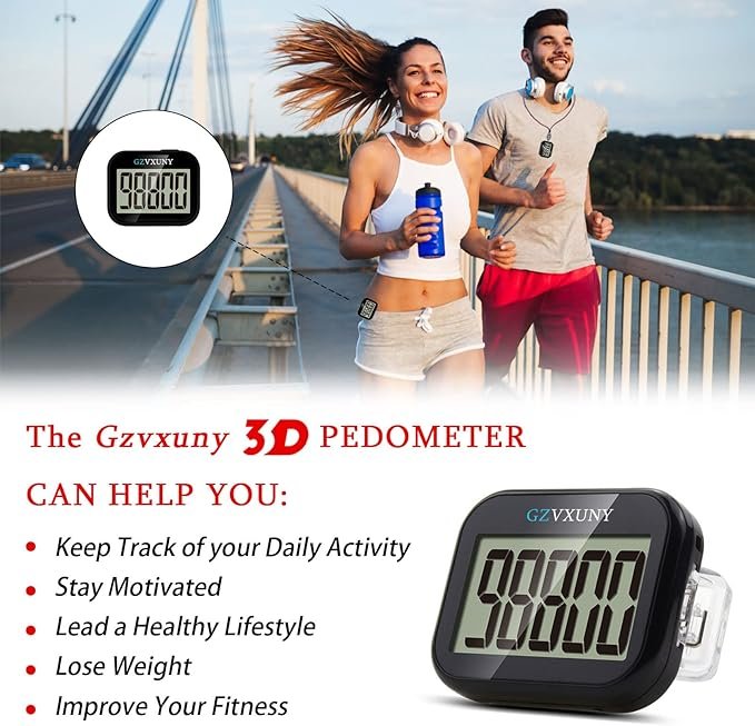 3 Gzvxuny Pedometer for Walking, Pedometer Clip On Step Counter with Large Display and Lanyard, Accurate Track Steps, Simple Pedometers for Steps Clip On for Seniors, Kids, Men and Women - Black