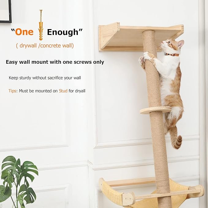 2 Wall Cat Tree with Hammock, 76" Tall Cat Wall Furniture Lean Against Wall Cats Climbing Tower for Active Indoor Climbers with Simply Suctions to Window