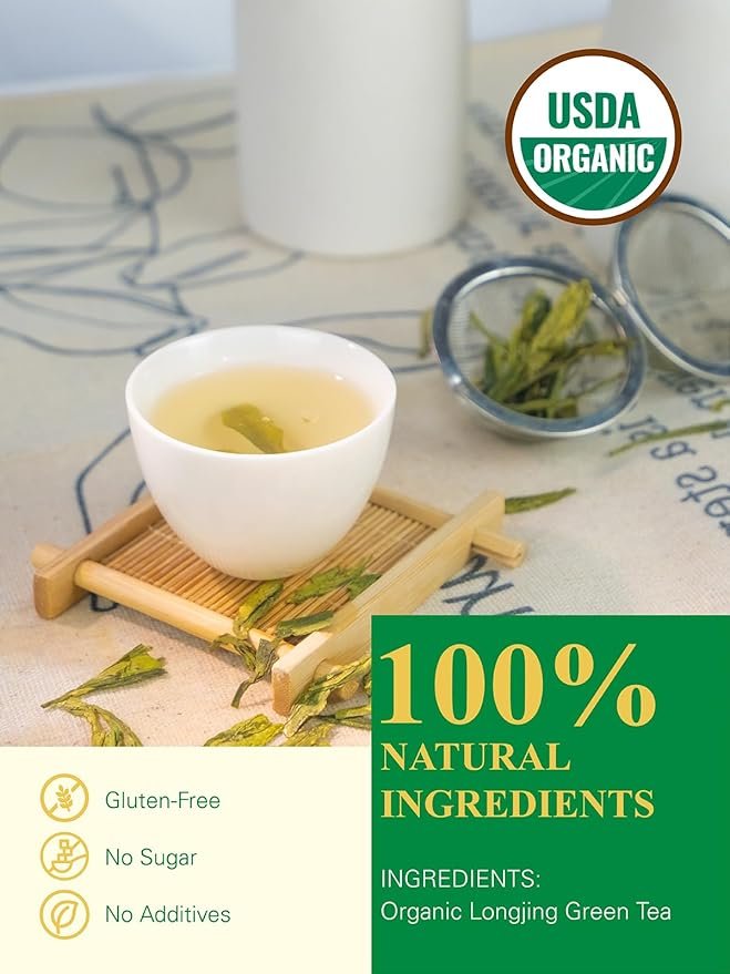 4 GLDNT Organic Green Tea Longjing, Premium Chinese Dragon Well Green Tea Loose Leaf, Fresh & Brisk Taste, 3.5oz/100g