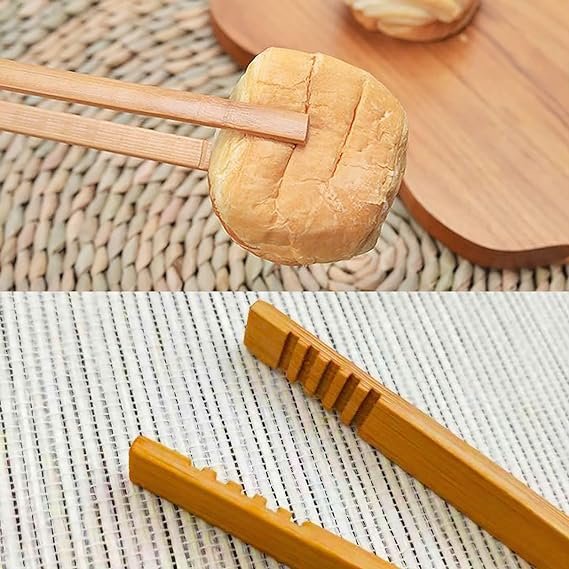 2 100% Bamboo Toast Tongs - 2 Pack, 10.2 Inches Long with Non-Slip Design - Ideal for Toasters, Fruit, Bread, Pickles, and Various Kitchen Uses like Salad, Pasta, Grilling, and BBQ.