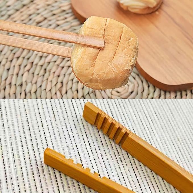 6 100% Bamboo Toast Tongs - 2 Pack, 10.2 Inches Long with Non-Slip Design - Ideal for Toasters, Fruit, Bread, Pickles, and Various Kitchen Uses like Salad, Pasta, Grilling, and BBQ.