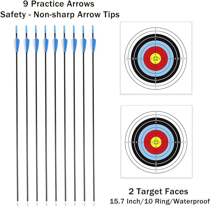 1 Procener 45 Teenagers Archery Starter Set: Recurve Bow Kit with 9 Arrows, 2 Target Faces, 18 lb draw weight for Outdoor Sports